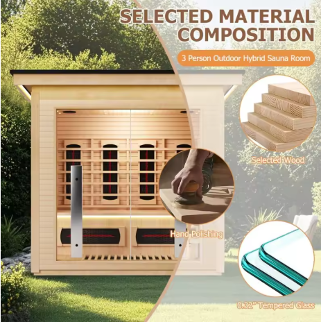 3-4 Person Hybrid Home Wood Sauna, Indoor/Outdoor WiFi Control Far Infrared & Traditional Hemlock Steam Saunas Spa Room