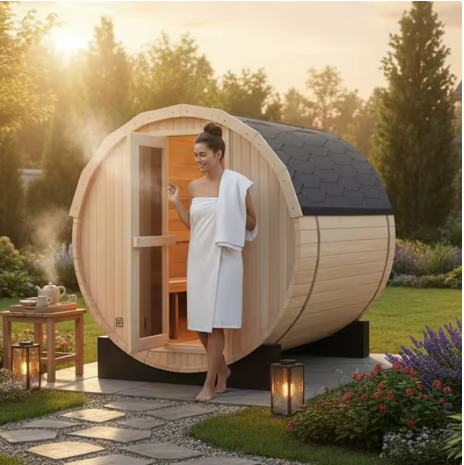6’x6’ Outdoor Canadian Hemlock Wood Barrel Sauna Room, 6kw Family 4-6 Person Wood Sauna with TOULE Electric Heater