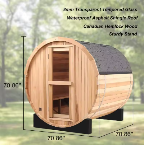 6’x6’ Outdoor Canadian Hemlock Wood Barrel Sauna Room, 6kw Family 4-6 Person Wood Sauna with TOULE Electric Heater