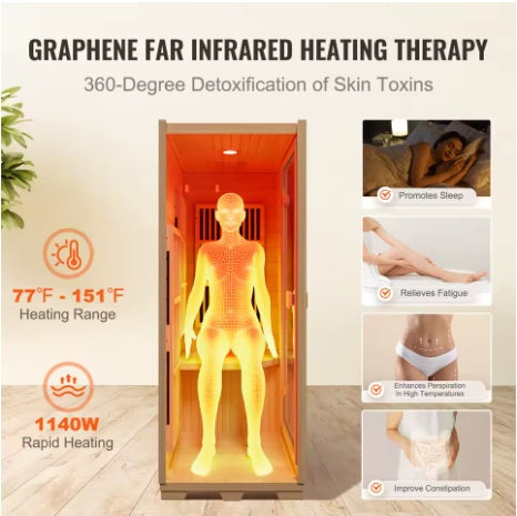 SucceBuy Far Infrared Wooden Sauna Room Home Sauna Spa for One Single Person Low EMF Far Infrared Hemlock Wood 1140W Indoor