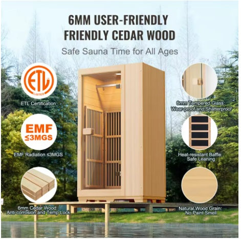 SucceBuy Far Infrared Wooden Sauna Room Home Sauna Spa for One Single Person Low EMF Far Infrared Hemlock Wood 1140W Indoor